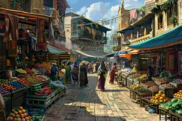 Obraz premium A lively painting of a bustling street market filled with people shopping at colorful stalls, A bustling marketplace with colorful stalls and street vendors