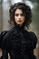 Elegant woman in black dress with curly hair