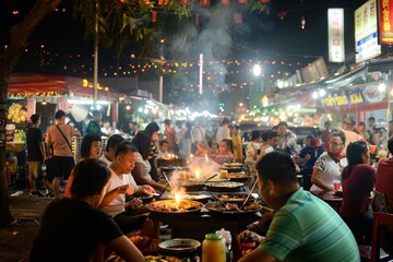 Group of people sitting and enjoying food together at a lively night market, A bustling night market with a family sampling exotic street foods and watching traditional performances