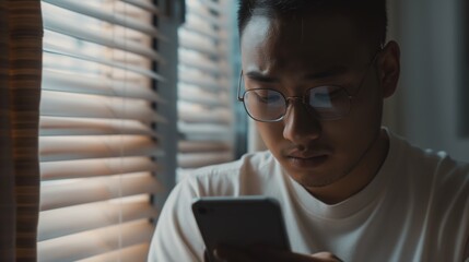 Young Asian Man Concentrated on Smartphone in Moody Lighting