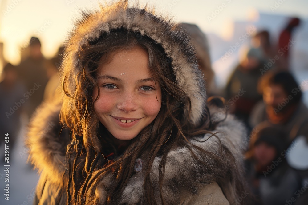 Poster smiling young girl in winter coat with fur hood