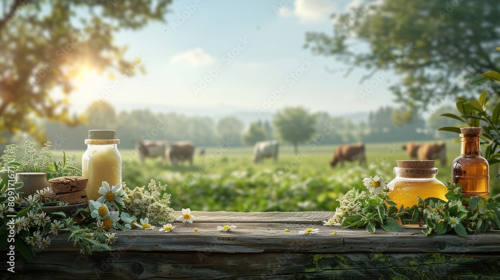 Canvas Prints a wooden table with jars of honey and other items