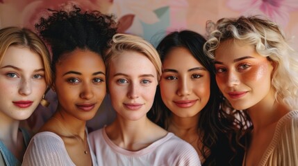 Five beautiful women of different ethnicities with natural makeup and soft smiles.