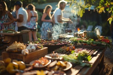 Group of people standing around a table filled with food in an outdoor setting, A bustling outdoor barbecue with friends and family