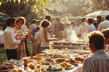 Friends and family gather around a table filled with food in an outdoor barbecue setting, A bustling outdoor barbecue with friends and family