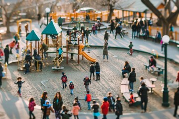 Obraz premium Diverse group of people standing near a busy playground with children playing, A bustling playground filled with children of all backgrounds playing together