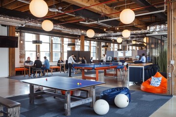 A ping pong table is set up in a large room in a bustling tech startup office, A bustling tech startup office with ping pong tables and bean bag chairs
