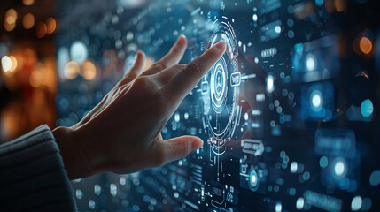 Woman in front of transparent touch screen pressing buttons. Information Technology. Internet of Things.