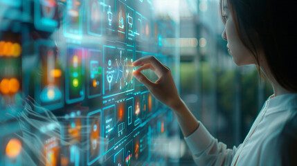 Woman in front of transparent touch screen pressing buttons. Information Technology. Internet of Things.