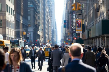 Obraz premium A crowd of people walking down a city street lined with tall buildings, A busy city street filled with people in business attire