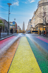 Colorful rainbow walking street of Rekjavik city center with shops