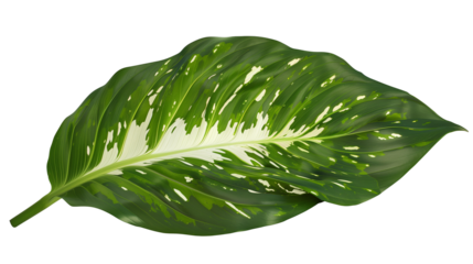 A large Dieffenbachia leaf with white markings, isolated on transparent background