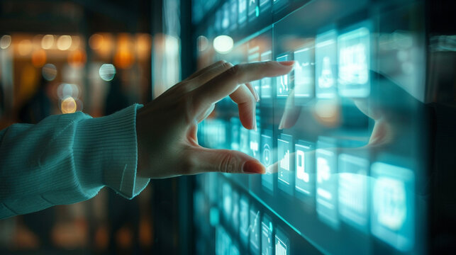 Woman in front of transparent touch screen pressing buttons. Information Technology. Internet of Things.