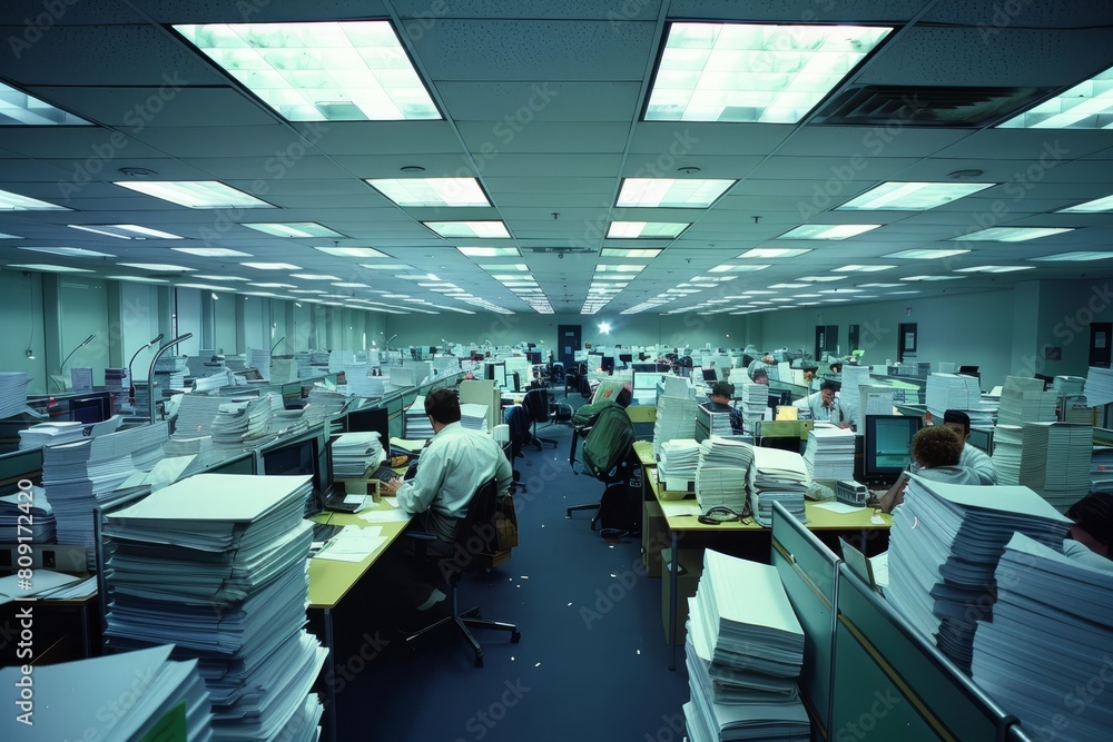 Poster office filled with desks and computers, a busy cubicle farm with rows of identical workstations, flu