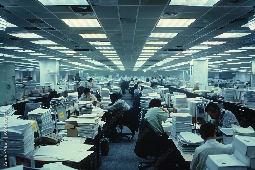 Poster busy office with people working on computers, a busy cubicle farm with rows of identical workstation