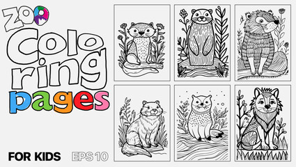 A set of six cat coloring pages for kids. The pages feature different types of animals and are designed for children to color. Kindle. POD.