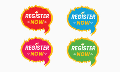 Register now set of colorful sale labels, Register now