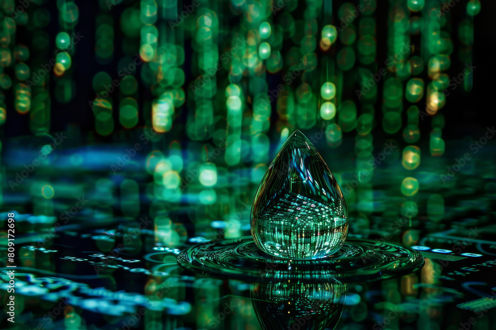 Poster a drop of water in front of a matrix background