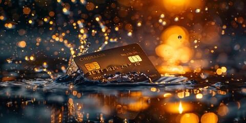 Credit card splash into water surrounded by sparkling droplets against a bokeh background