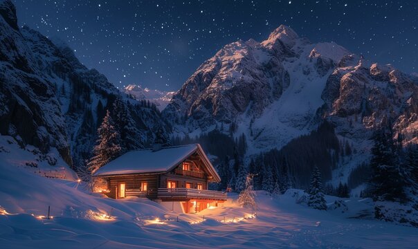 Cabin in the mountains lit up at night with stars in the skies. Achenkirch, Tirol, Austria