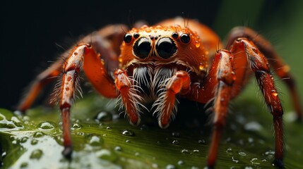Extreme close-up of a vibrant orange spider with large eyes