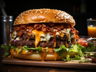 Delicious cheeseburger with melted cheese, bacon, and fresh lettuce