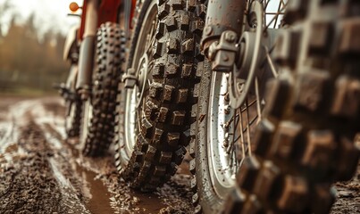The front tires of three off-road motorbikes