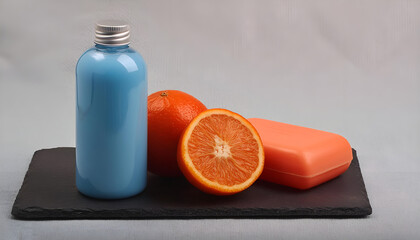 body lotion and orange soap body care - obrazy, fototapety, plakaty