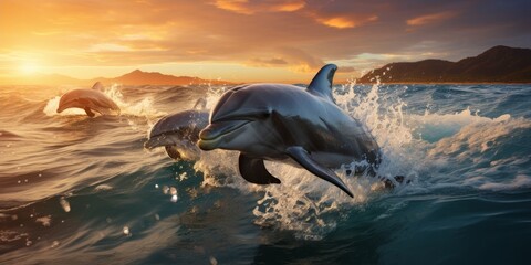 Dolphins Jumping in Sunset Ocean