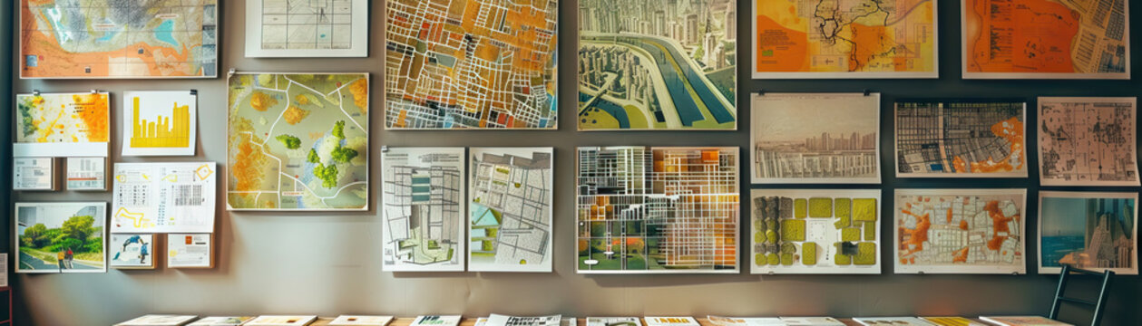 Urban Designer's Wall: Featuring urban planning maps, architectural sketches, and a board with city development proposals