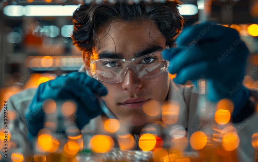 Poster a man in a lab coat carefully holds a beaker, conducting an experiment in a laboratory environment