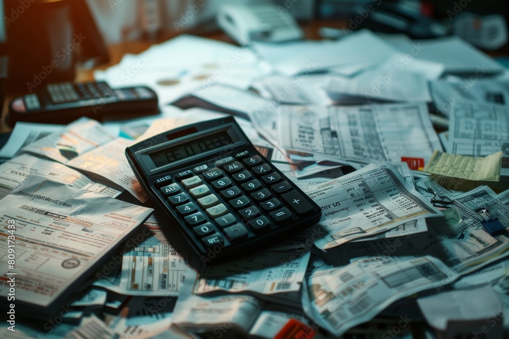 Poster a calculator positioned on top of a stack of assorted papers, including receipts and documents, a ca