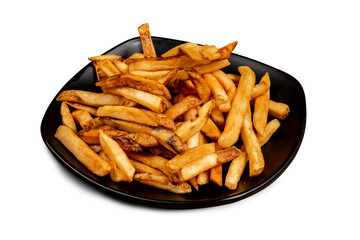 A black plate of crisp french fries isolated on white