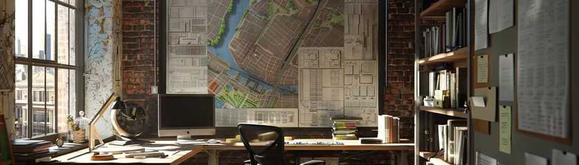 Urban Designer's Wall: Featuring urban planning maps, architectural sketches, and a board with city development proposals