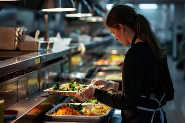 A woman stands in a kitchen, carefully preparing food on a tray, A cafeteria worker carefully preparing a tray of food for a customer