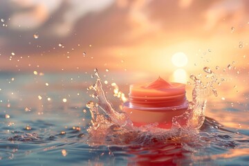 A lip balm in a water splash for a cosmetic ad on a bokeh background magically blurs the lines between everyday makeup and luxurious care - obrazy, fototapety, plakaty