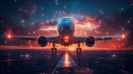 The sky is filled with glowing lights, creating a surreal