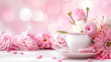   Pink flowers and a cup of coffee on separate saucers One saucer holds a cookie