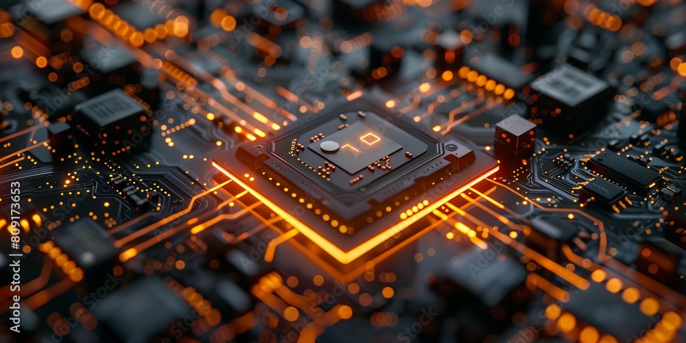Aufkleber configure technology concept with tool symbol on a microchip. orange neon data flows between the cpu