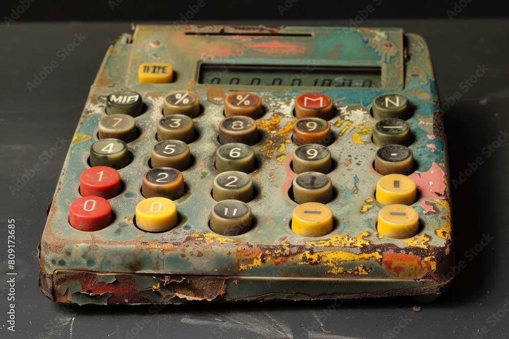 Poster an old calculator with worn buttons sits on a table, a calculator with buttons worn from use