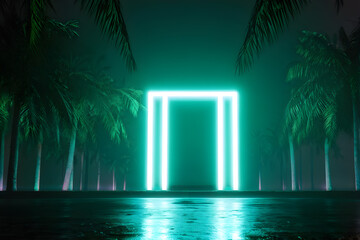 Illuminated neon rectangle in a mystical scene, perfect for nightlife ads, and artistic projects - obrazy, fototapety, plakaty