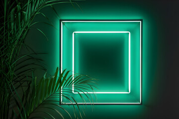 Radiant Neon Display. Lush palm leaves around a green neon frame. Great for thematic events and creative projects - obrazy, fototapety, plakaty