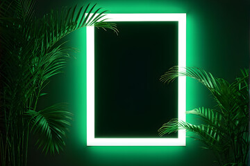 Tropical Neon Lightbox. Green neon lightbox amidst dark palm leaves. - obrazy, fototapety, plakaty