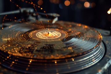 A record is being played on a turntable with sparks coming out of it