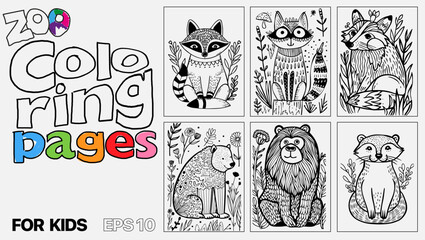 A set of six cat coloring pages for kids. The pages feature different types of animals and are designed for children to color. Kindle. POD.
