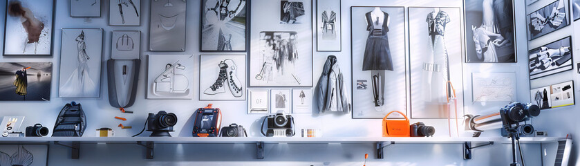 Fashion Photographer's Studio Wall: Adorned with fashion photoshoot prints, lighting equipment diagrams, and a shelf with camera gear