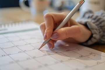 A person is writing on a sheet of paper with a pencil, focusing intently on the task at hand, A calendar displaying upcoming deadlines and meetings
