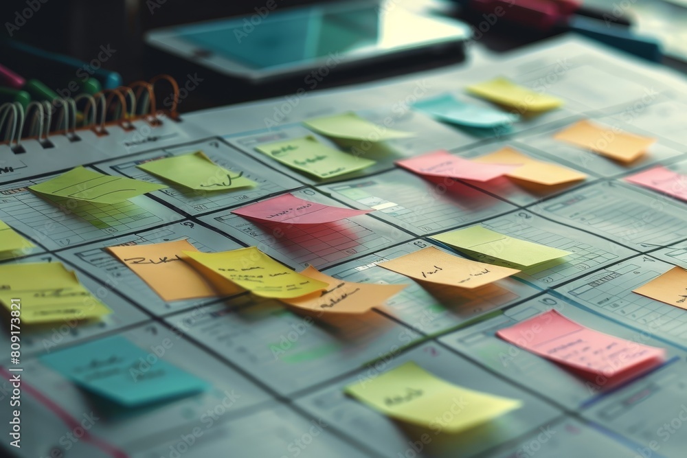 Aufkleber many assorted sticky notes with various colors and messages spread out on a table, a calendar with s