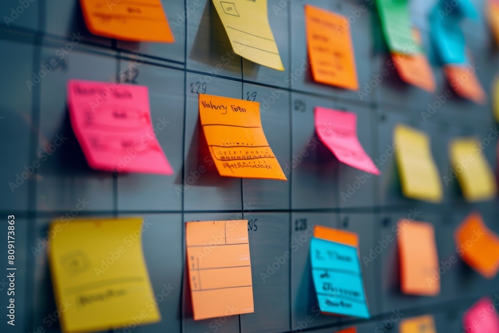 Poster a wall completely covered in colorful post-it notes, creating a busy and colorful display, a calenda