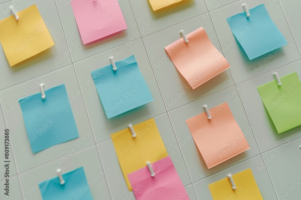 Poster several colorful sticky notes pinned to a wall with a calendar in the background, a calendar with st